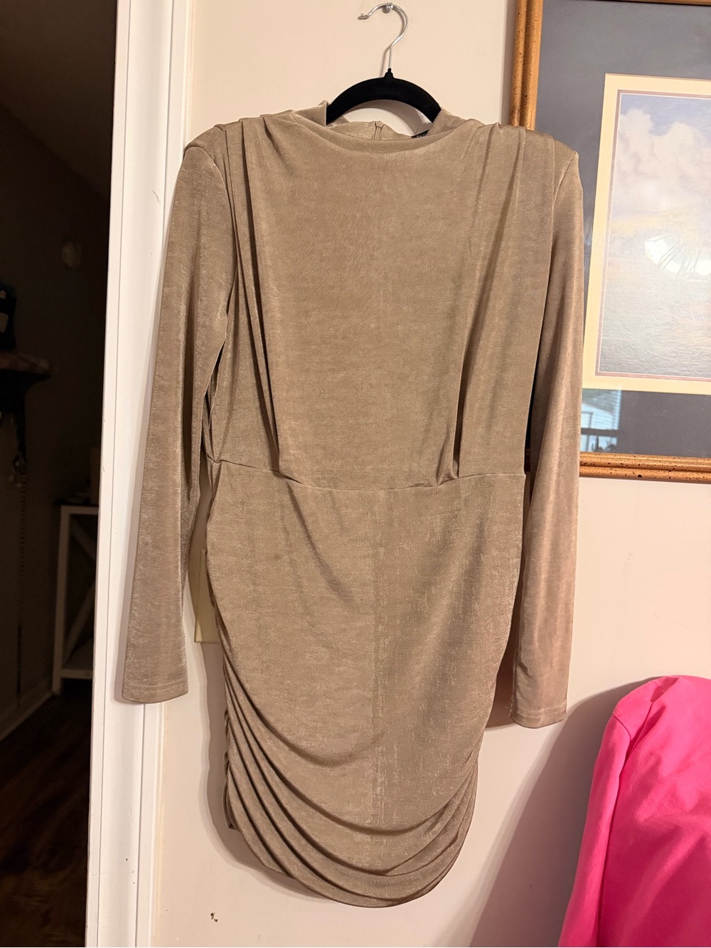 Fashion Nova Women's Long Sleeve Ruched Back Dress in Taupe